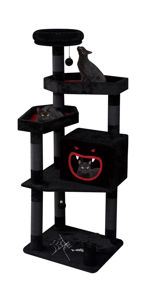 Gothic Cat Tree with Coffin Bed，62.5″ Black Cat Tower with Spacious Demon Sty…