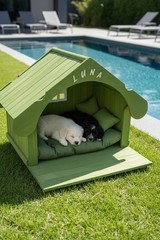 LED light Green Cat / Dog house indoor Natural Pine , Modern Furniture Pets
