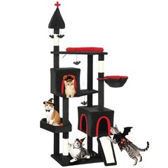 Gothic Cat Tree, 78″ Cat Tower with Coffin Bed, Black Halloween