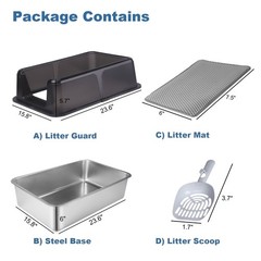 Open Top Cat Litter Box XL Stainless Steel Large Litter Pan with Scoop & Litter