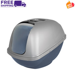 Petmate Hooded Enclosed Cat Litter Pan Covered Box with Door Large Blue Silver