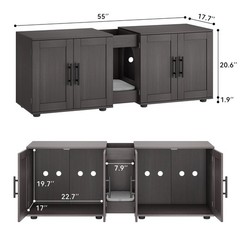 Wooden Hidden Litter Box Enclosure with Two Rooms, 55” L x 17.7” W x 22.5” H