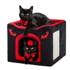 Gothic Cat House Bed for Indoor Cats Coffin Cat Condo with Scratch Pad and Fl…