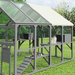 Large Wooden Catio Outdoor Cat Enclosure, 7 Platforms Walk-in Design, Gray