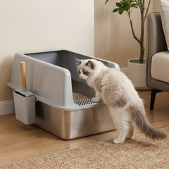 XL Stainless Steel Cat Litter Box Extra Large Litter Pan High Side w/ Scoop Mat