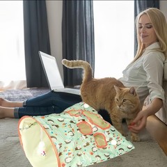 Green Cat Tunnel Crinkle Sack Bag with Mouse Ball Toy for Indoor Cats
