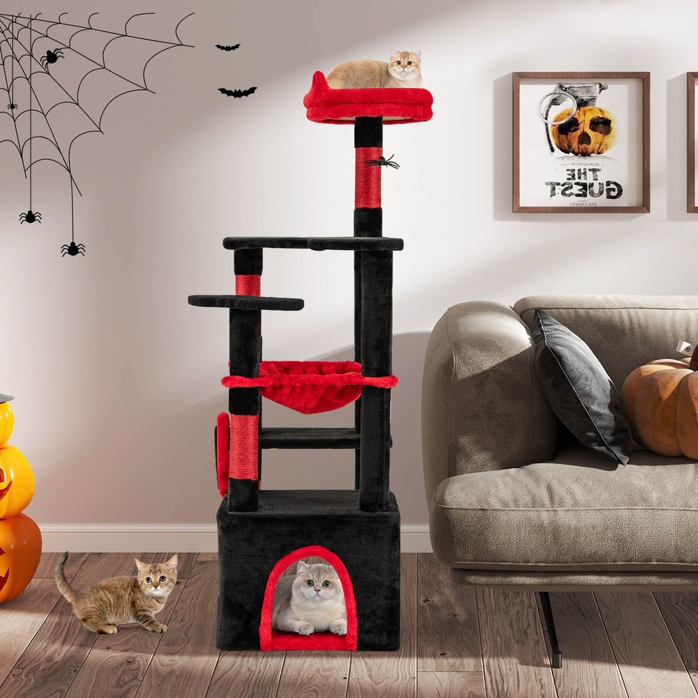52” Gothic Cat Tree w/ Plush Perch & Condo Hammock& Hanging Spider Toy
