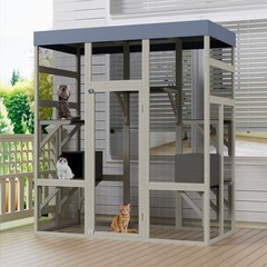 70″ H Outdoor Wooden Large Catio Cat House Enclosure w/ Waterproof Roof Platform