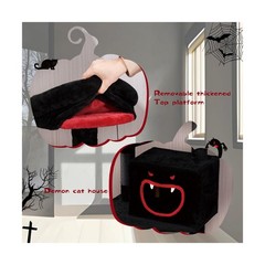 Gothic Cat Tree with Coffin Bed，62.5″ Black Cat Tower with Spacious Demon Sty…