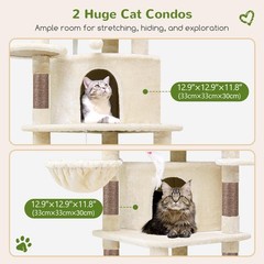 NEW,66inch Tall 6 Scratching Posts, 2 Spacious Cat Condos, Hanging Basket,Beige！