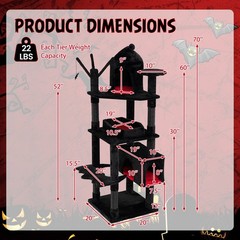 Gothic Cat Tree, 70” Cat Tower w Castle, House, Coffin Bed, Spider Hanging Balls
