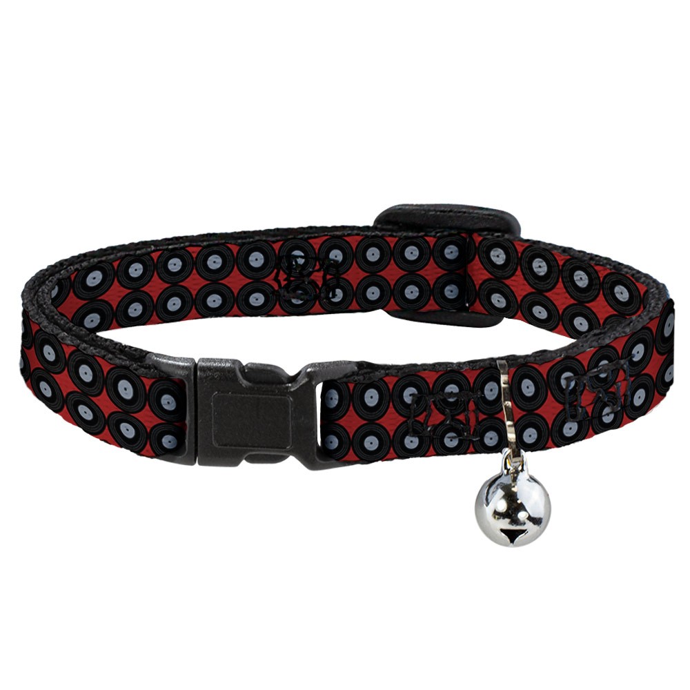 Cat Collar Breakaway with Bell Vinyl Records 2-Stripe Red/Black/Gray NARROW Fits