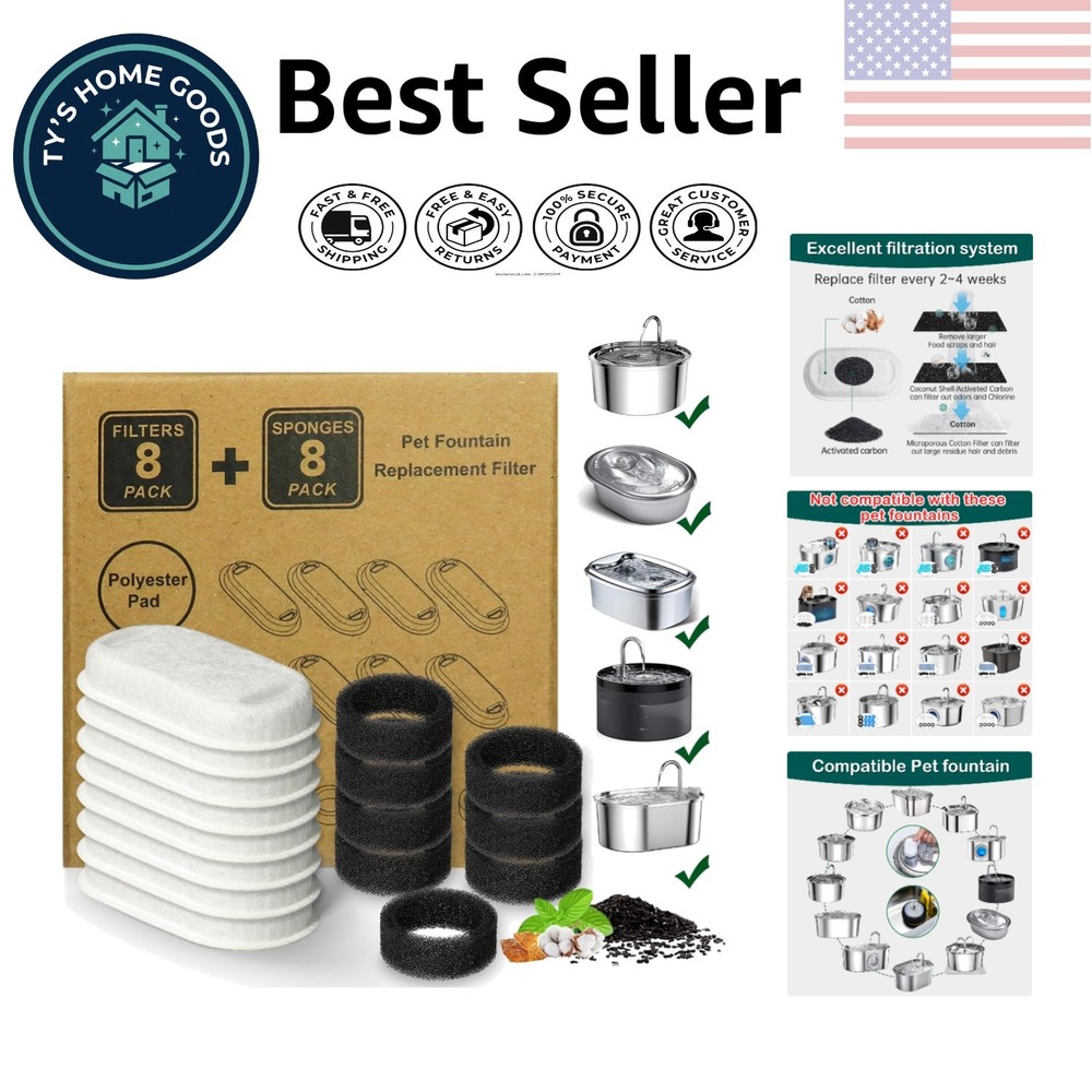 Enhanced Water Quality Cat Fountain Filter Pack – 16 Filters & Sponges Included