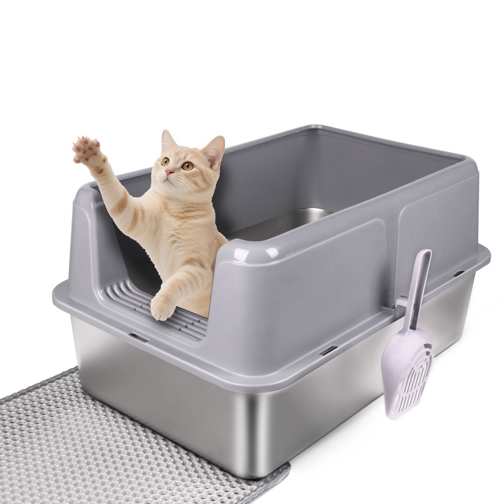 Stainless Steel Large Cat Litter Box Open Top Litter Pan w/ Scoop & Litter Mat