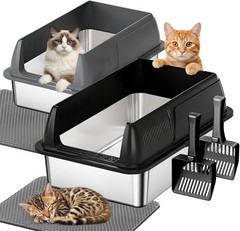 2 Pack XL Stainless Steel Cat Litter Box Big & Senior Cats Multi-Cat Metal