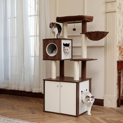US 59″ Cat Tree House Tower with Cabinet Solid Wood Stable Climbing Tree Medium