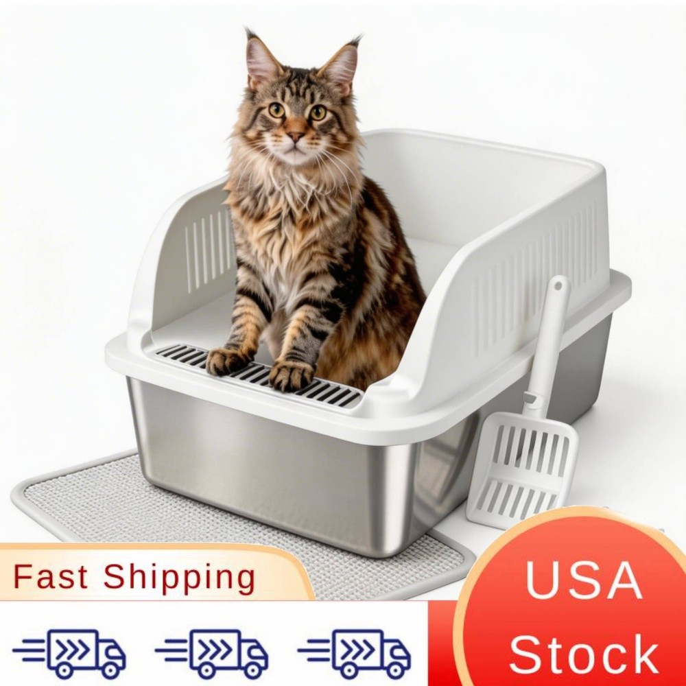 Anti-Leak Step Equipped Stainless Steel Cat Litter Box, XL High Sided Open Top M