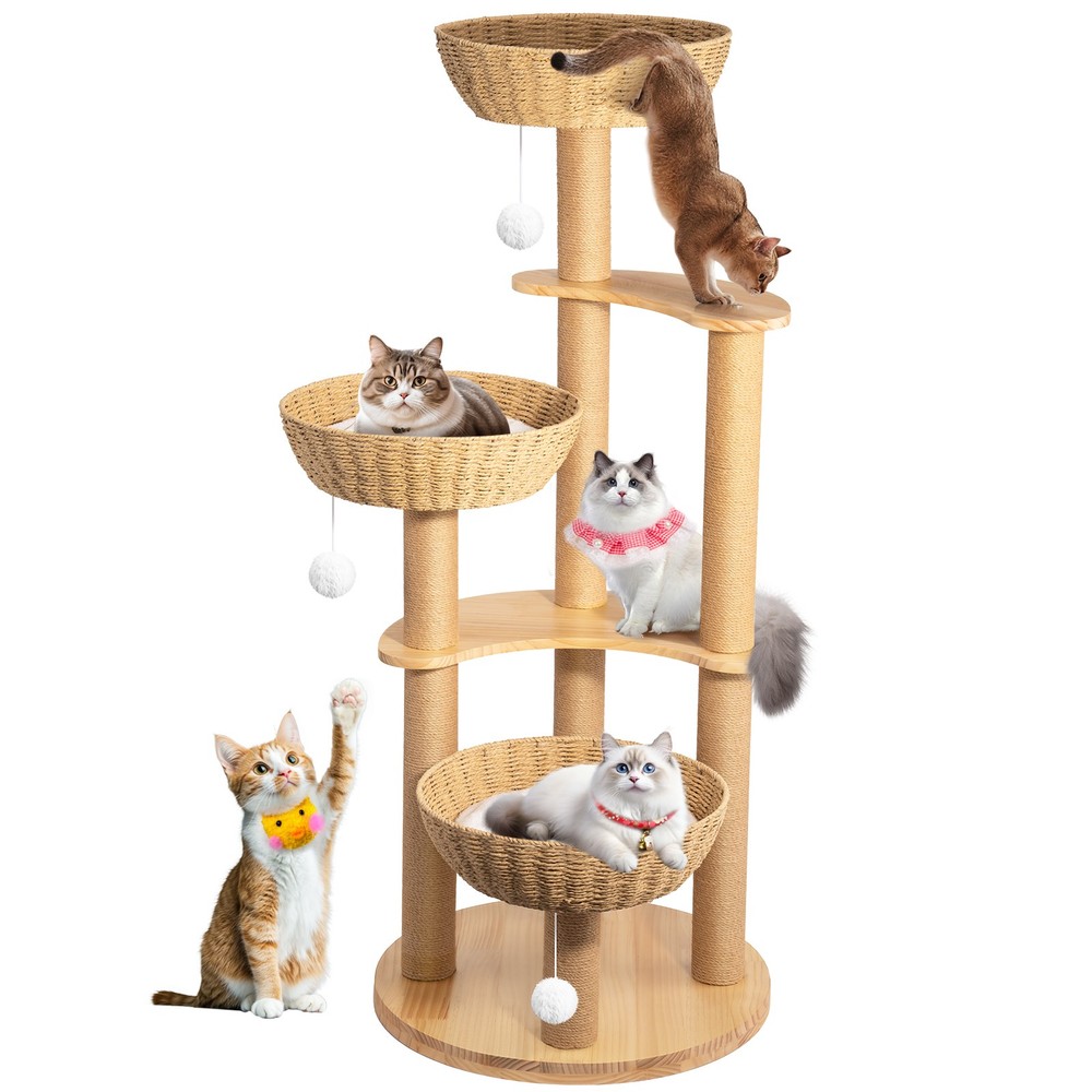 54inch Modern Oak Wood Cat Tree Tower for Indoor Large Cats with White Cloud Mat