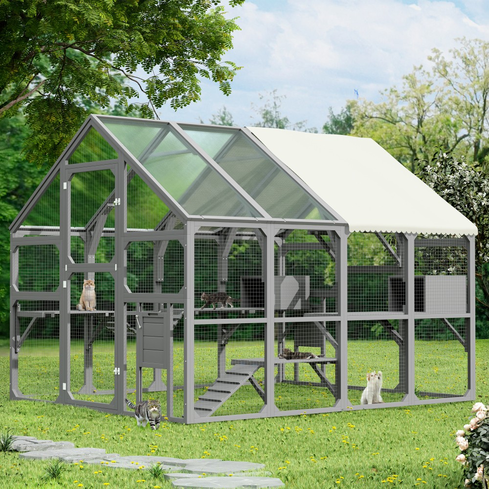 Large Wooden Catio Outdoor Cat Enclosure, 7 Platforms Walk-in Design, Gray
