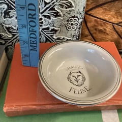 VINTAGE HALL CATS KITTY FOOD DISH SILVER GRAY HAUTE FELINE 4 1/2″ SMALL HEAVY