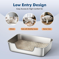 Stainless Steel Cat Litter Box with Low Entry, Metal Kitty Litter Box for Senior