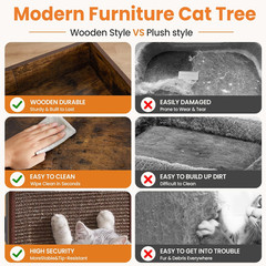 Stylish Wooden Cat Tree Tower for Large Cats with Washable Cushions, 33.8