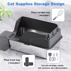 XL Stainless Steel High-Sided Open Cat Litter Box 36L with Mat & Scoop