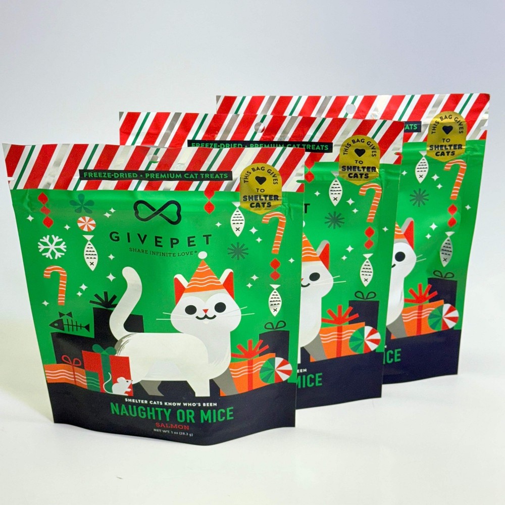 GIVEPET (3 PACK) Naughty Or Mice Salmon Premium Cat Treats 1 oz BB 08/27