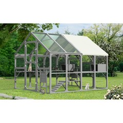 Large Wooden Catio Outdoor Cat Enclosure, 7 Platforms Walk-in Design, Gray