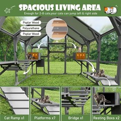 Large Wooden Catio Outdoor Cat Enclosure, 7 Platforms Walk-in Design, Gray