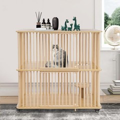 2 Tiers Cat House Wooden Large Cat Villa, Double Door Cat Cage with Wheels
