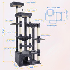 Cat Tree, 71-Inch Tall Cat Tower for Large Maine Coon Cats with Extra-Large Base
