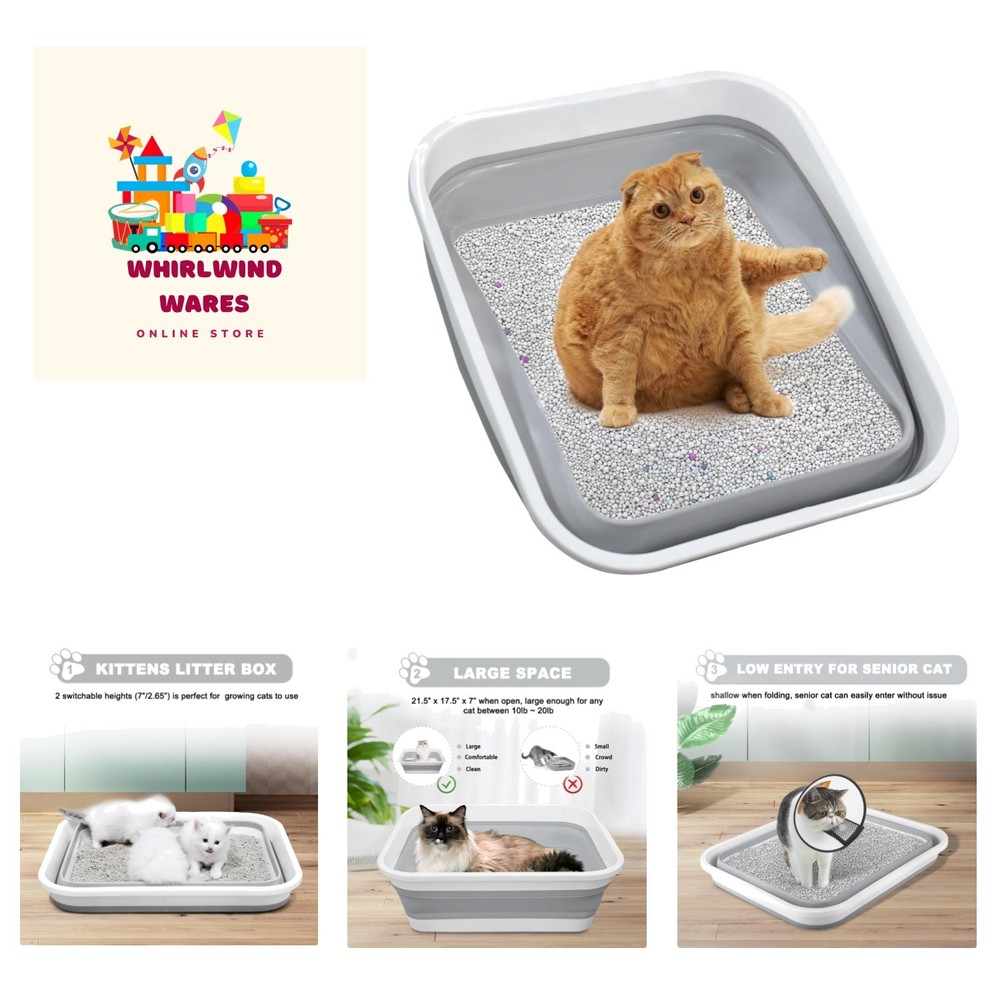 Large Grey Cat Litter Box for Easy Access – Perfect for Kittens & Seniors