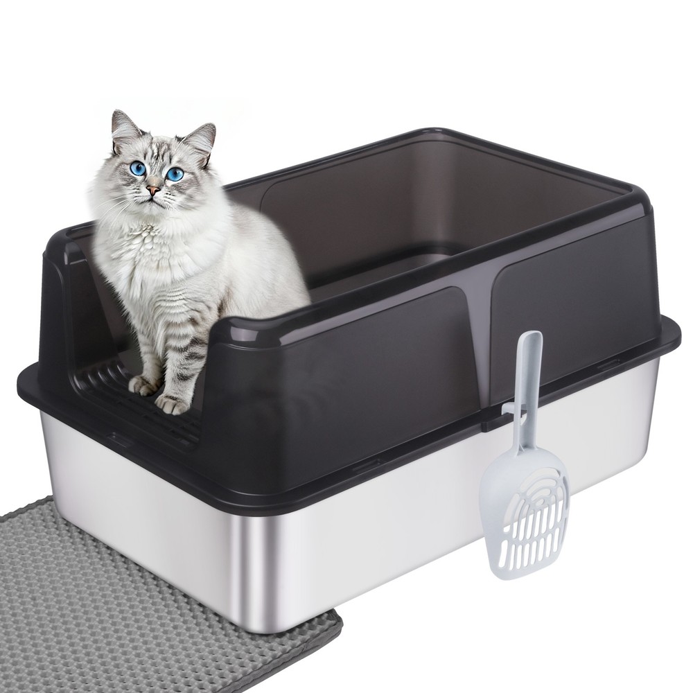 Extra Large Cat Litter Box Stainless Steel Large Litter Pan with Scoop & Litter