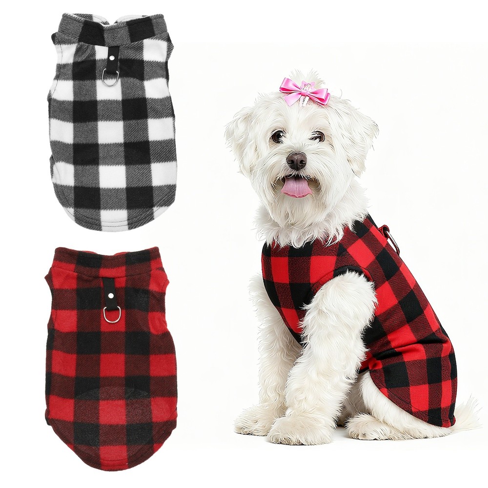 Dogs Fleece Vest Sweater M Plaid Red Black/Black White 2Pack