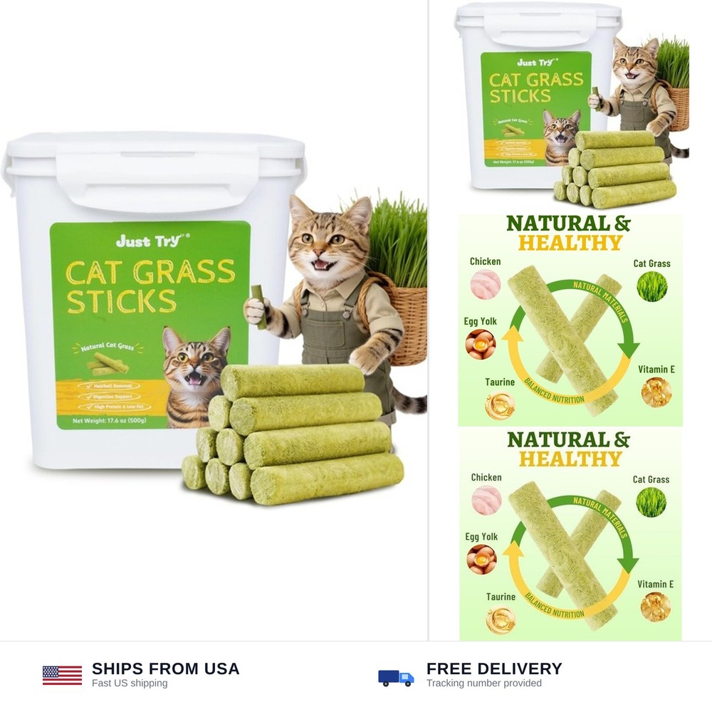 Just Try Cat Grass Sticks for Cat Hairball Control & Teeth Cleaning Dental Ch…