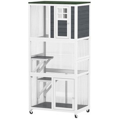 Outdoor Cat House Wooden Catio on Wheels W/ Weather Protection Roof, Gray