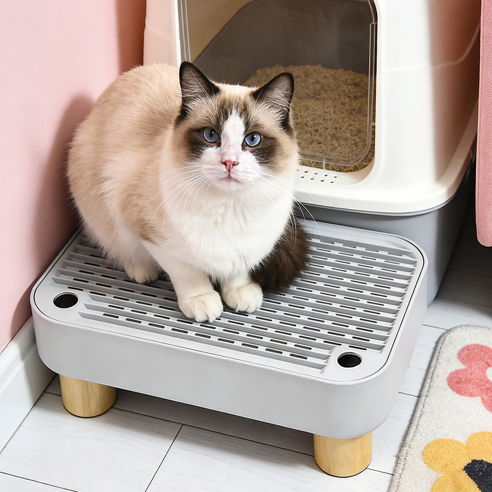 Light Grey Cat Litter Box Step Cat Litter Box Mat for Easy Cleaning FreeStanding