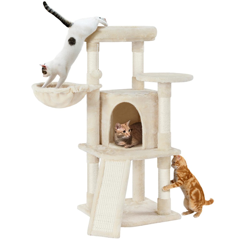 Cat Tree, 42in Play Tower for Indoor Cats, Kitten House with Large Perch, Beige