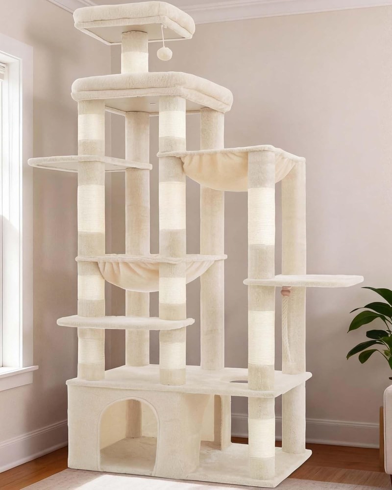 Heybly Cat Tree 71 Inch Tall for Large Maine Coon Beige