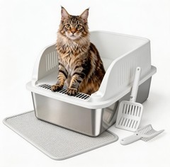 Anti-Leak Step Equipped Stainless Steel Cat Litter Box, XL High Sided Open Top M