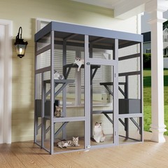 62.6″ Wooden Catio w/ Waterproof Cover & 2 Houses – Outdoor Cat Cage