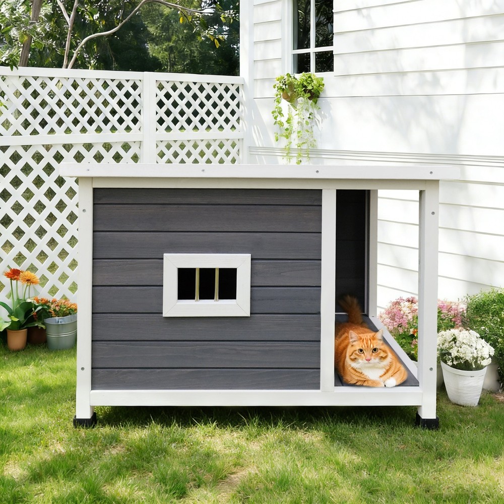 Gray Waterproof Cat House – Ventilated, Metal Supports, Spacious