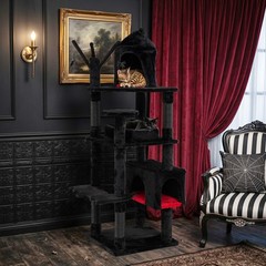 Gothic Cat Tree, 70” Cat Tower w Castle, House, Coffin Bed, Spider Hanging Balls