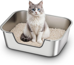 Stainless Steel Cat Litter Box with Low Entry, Metal Kitty Litter Box for Senior