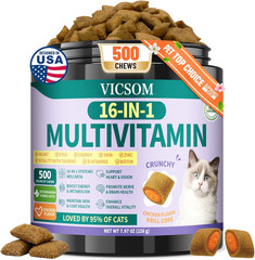 Taurine for Cats Vitamins Treats, 16 in 1 Cat Multivitamin 500 Crunchy & Krill C