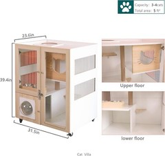 Two story Cat House Solid Wood Frame Bubble Window Food & Water Dish Scratch Pad