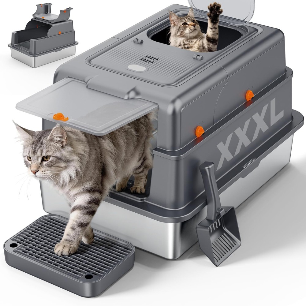 Enclosed Stainless Steel Cat Litter Box Flip Top Leak Proof Odor Control