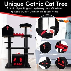 Gothic Cat Tree 49″ Tall Cat Tower w/ Coffin Bed & 2 Condos & Cozy Perch,