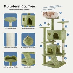 54″ Indoor Cat Tree Tower with Toys,Multi-Level Pet House for Large Cats,Green